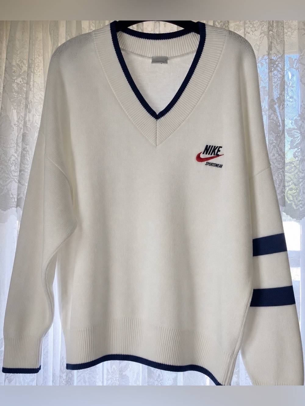 Nike Sportswear White Varsity V Neck Wool Blend Knit Sweater Large Preppy